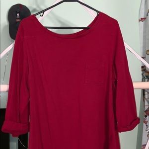 Red front pocket rolled up long sleeve tee
